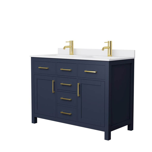 Wyndham Collection - Beckett 48 Inch Double Bathroom Vanity in Dark Blue, White Cultured Marble Countertop, Undermount Square Sinks, Brushed Gold Trim