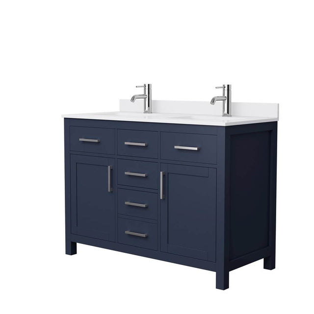Wyndham Collection - Beckett 48 Inch Double Bathroom Vanity in Dark Blue, White Cultured Marble Countertop, Undermount Square Sinks, Brushed Nickel Trim