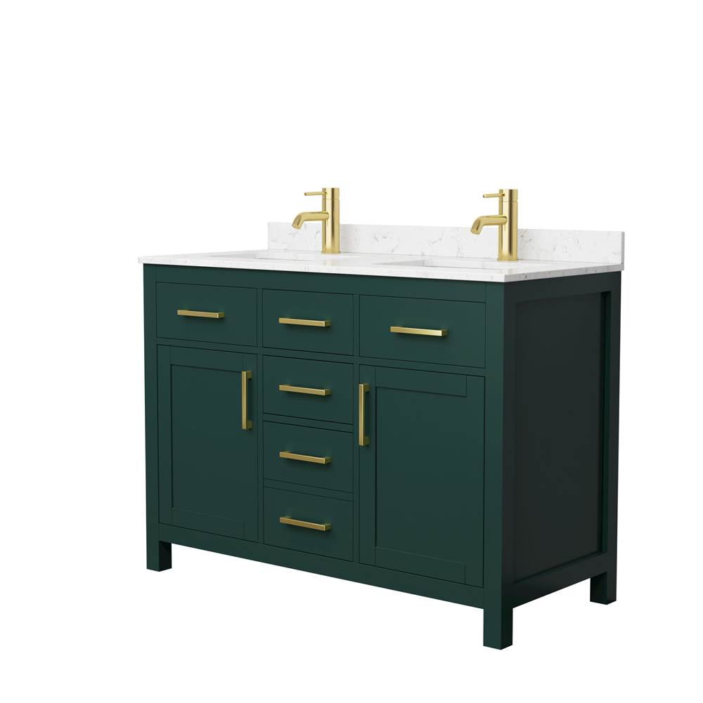 Wyndham Collection - Beckett 48 Inch Double Bathroom Vanity in Green, Carrara Cultured Marble Countertop, Undermount Square Sinks, Brushed Gold Trim