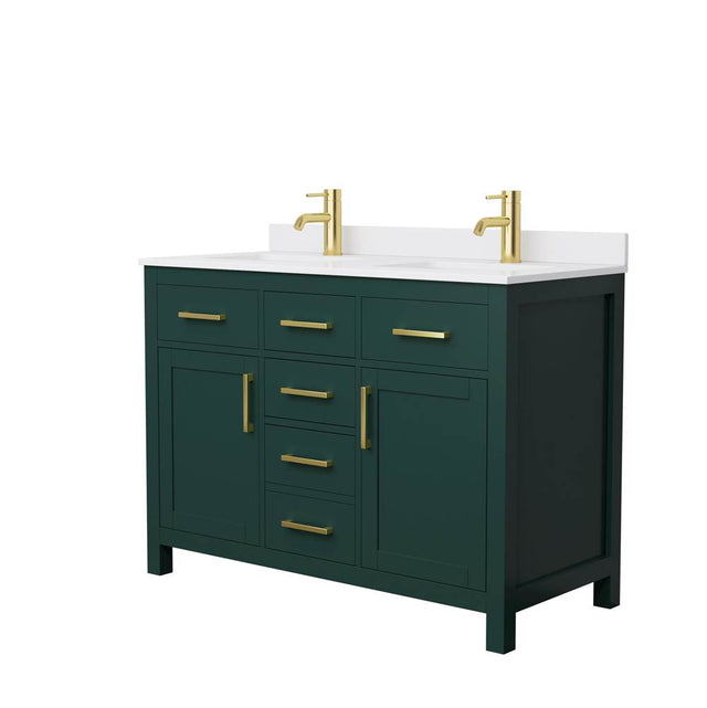 Wyndham Collection - Beckett 48 Inch Double Bathroom Vanity in Green, White Cultured Marble Countertop, Undermount Square Sinks, Brushed Gold Trim