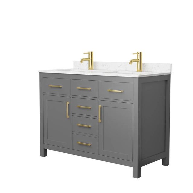 Wyndham Collection - Beckett 48 Inch Double Bathroom Vanity in Dark Gray, Carrara Cultured Marble Countertop, Undermount Square Sinks, Brushed Gold Trim