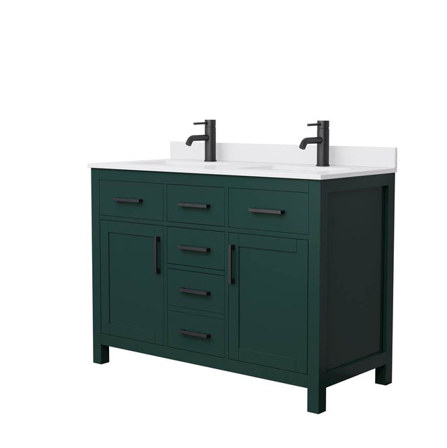 Wyndham Collection - Beckett 48 Inch Double Bathroom Vanity in Green, White Cultured Marble Countertop, Undermount Square Sinks, Matte Black Trim