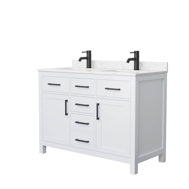 Wyndham Collection - Beckett 48 Inch Double Bathroom Vanity in White, Carrara Cultured Marble Countertop, Undermount Square Sinks, Matte Black Trim