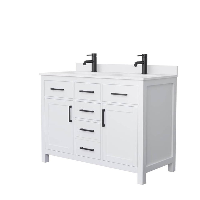 Wyndham Collection - Beckett 48 Inch Double Bathroom Vanity in White, White Cultured Marble Countertop, Undermount Square Sinks, Matte Black Trim