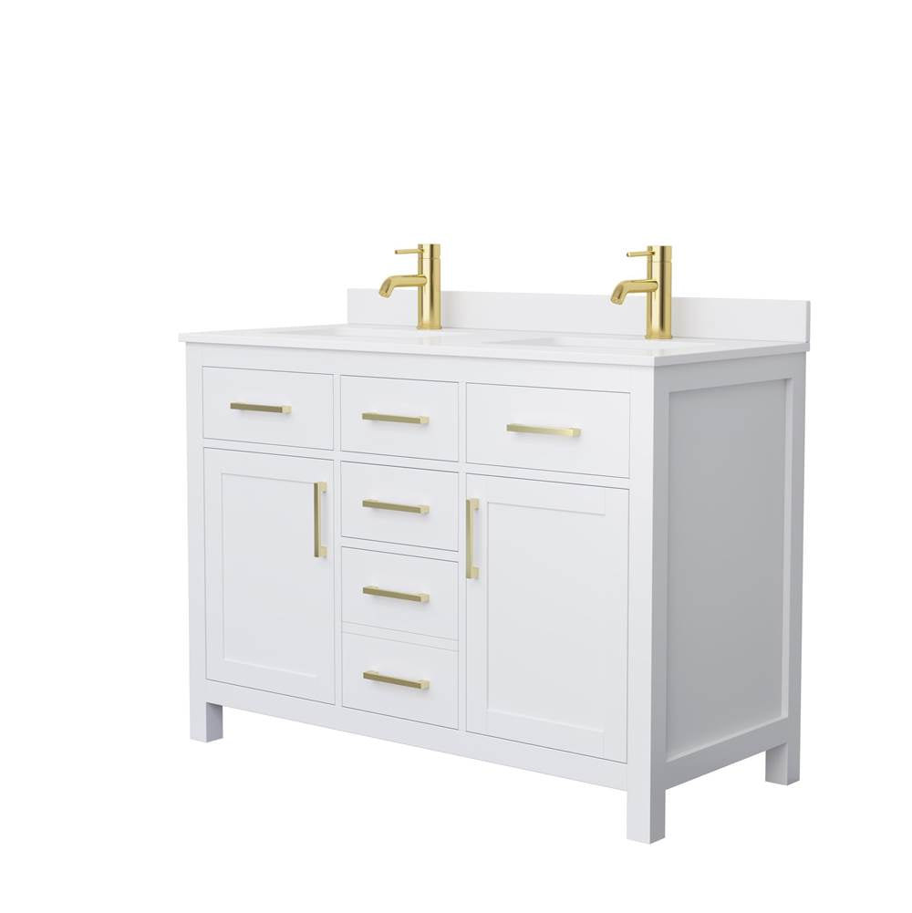 Wyndham Collection - Beckett 48 Inch Double Bathroom Vanity in White, White Cultured Marble Countertop, Undermount Square Sinks, Brushed Gold Trim