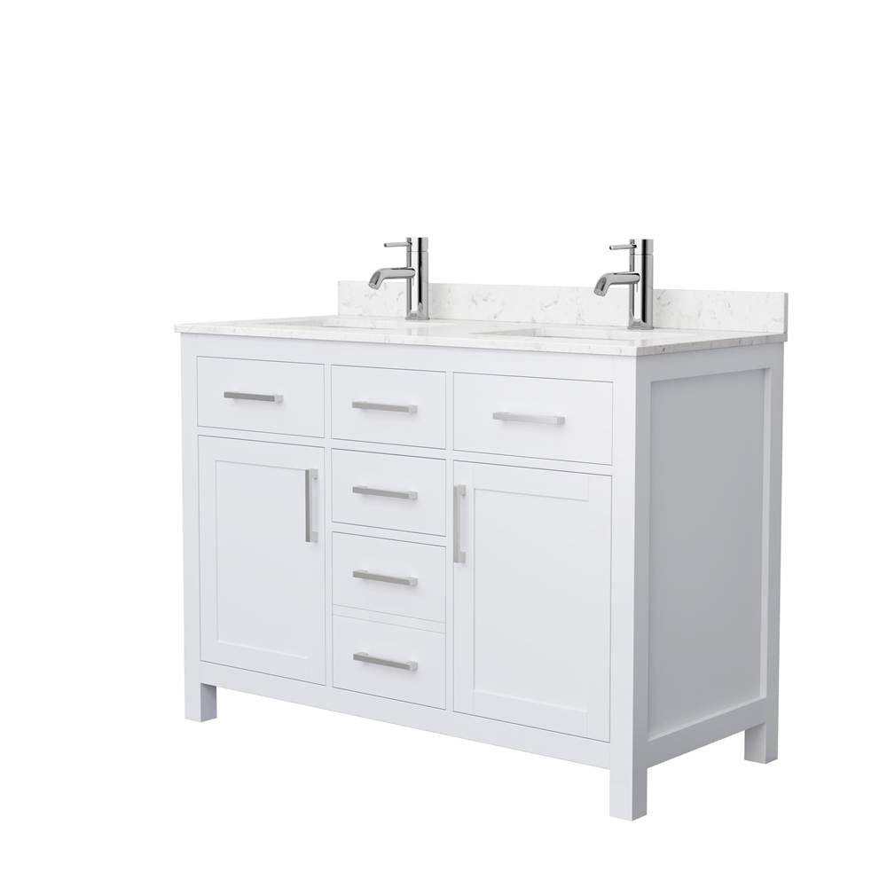 Wyndham Collection - Beckett 48 Inch Double Bathroom Vanity in White, Carrara Cultured Marble Countertop, Undermount Square Sinks, Brushed Nickel Trim