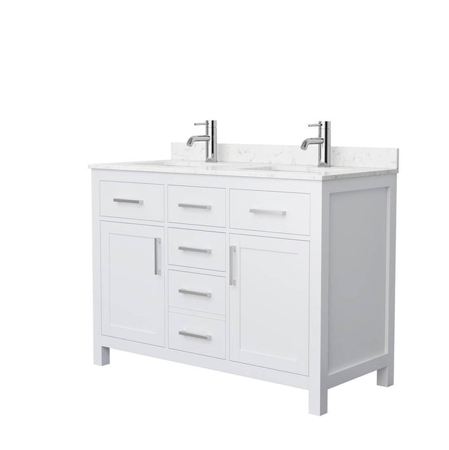 Wyndham Collection - Beckett 48 Inch Double Bathroom Vanity in White, Carrara Cultured Marble Countertop, Undermount Square Sinks, Brushed Nickel Trim
