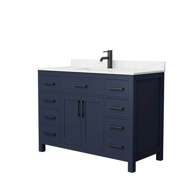 Wyndham Collection - Beckett 48 Inch Single Bathroom Vanity in Dark Blue, Carrara Cultured Marble Countertop, Undermount Square Sink, Matte Black Trim