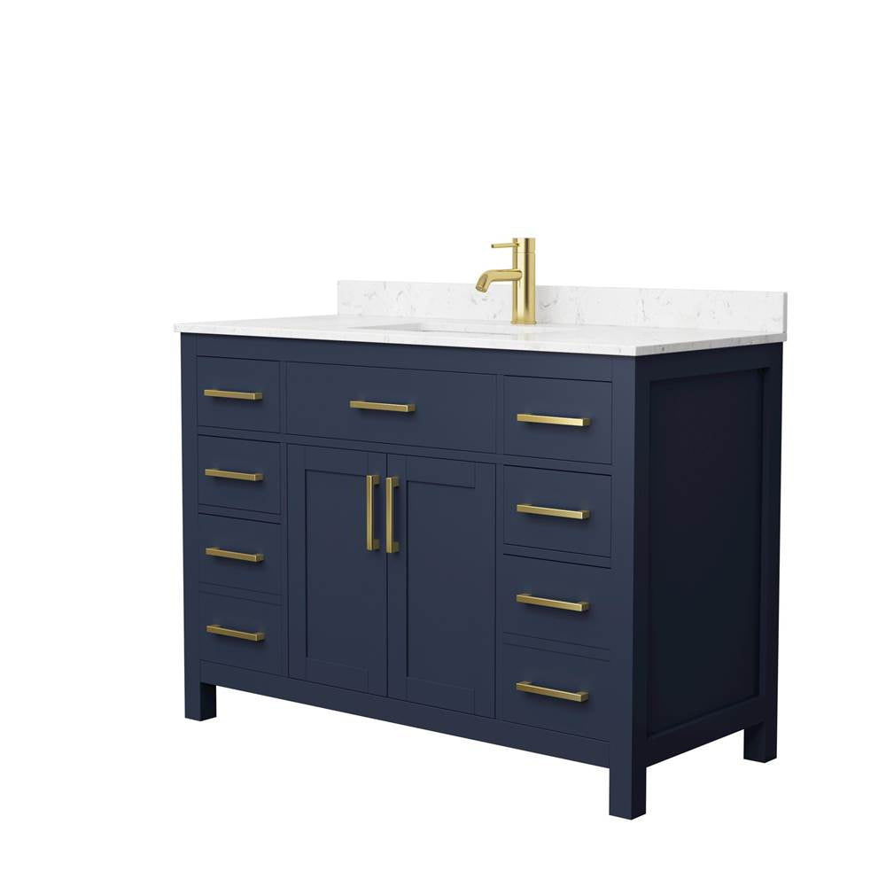 Wyndham Collection - Beckett 48 Inch Single Bathroom Vanity in Dark Blue, Carrara Cultured Marble Countertop, Undermount Square Sink, Brushed Gold Trim