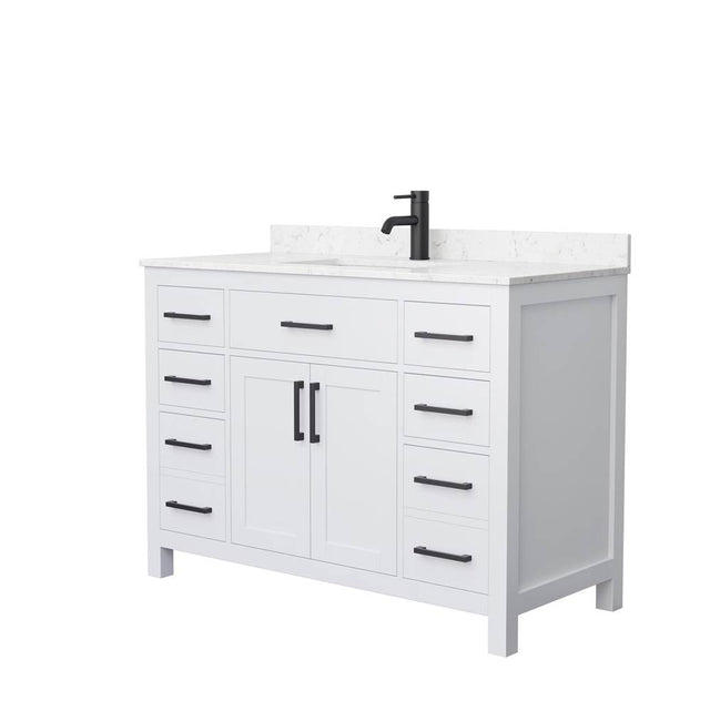 Wyndham Collection - Beckett 48 Inch Single Bathroom Vanity in White, Carrara Cultured Marble Countertop, Undermount Square Sink, Matte Black Trim