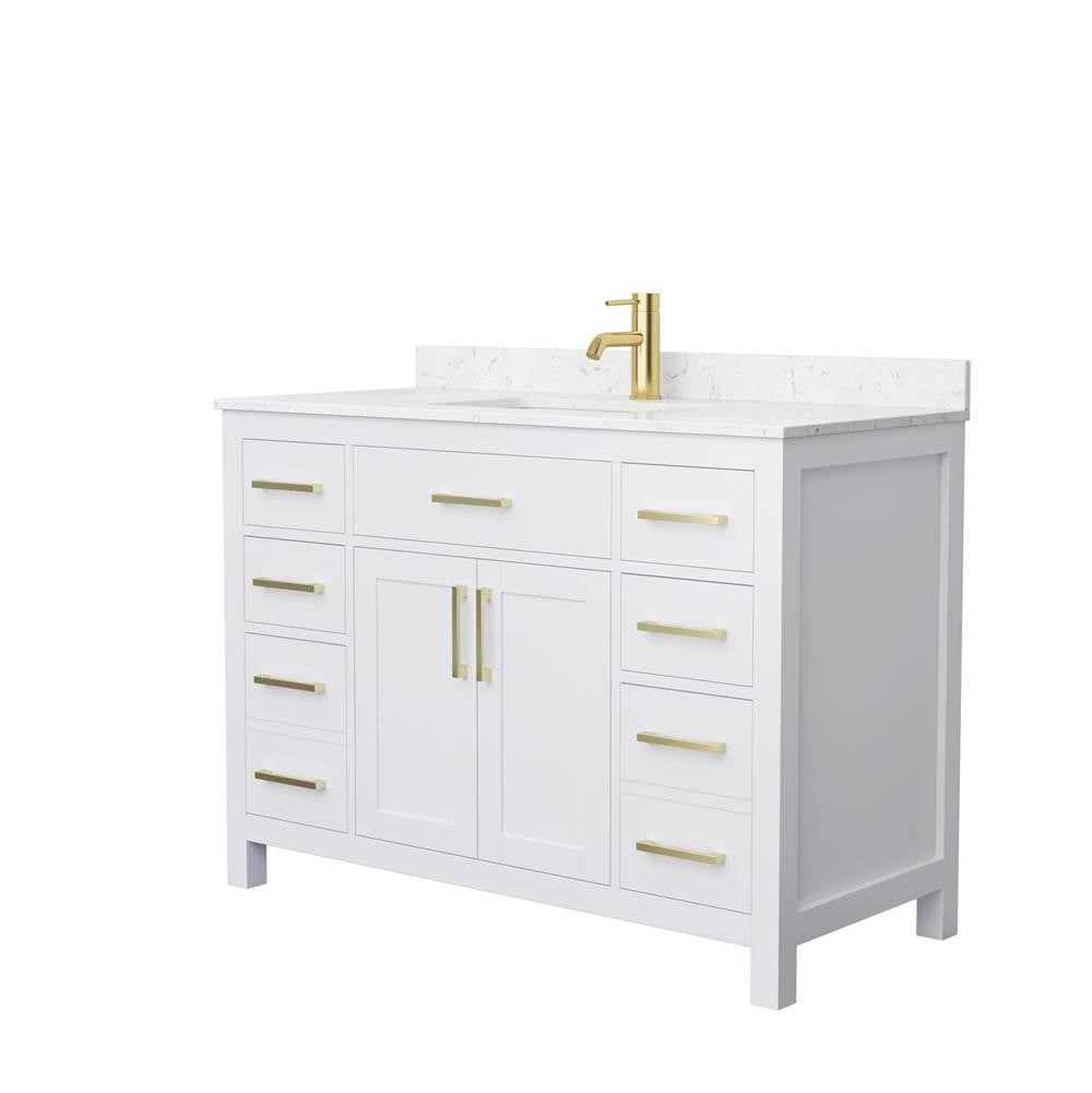 Wyndham Collection - Beckett 48 Inch Single Bathroom Vanity in White, Carrara Cultured Marble Countertop, Undermount Square Sink, Brushed Gold Trim