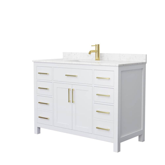 Wyndham Collection - Beckett 48 Inch Single Bathroom Vanity in White, Carrara Cultured Marble Countertop, Undermount Square Sink, Brushed Gold Trim