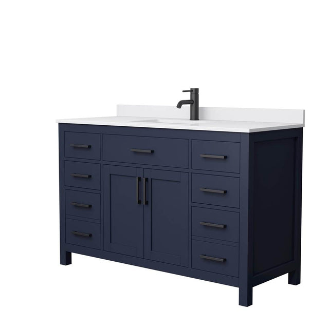 Wyndham Collection - Beckett 54 Inch Single Bathroom Vanity in Dark Blue, White Cultured Marble Countertop, Undermount Square Sink, Matte Black Trim