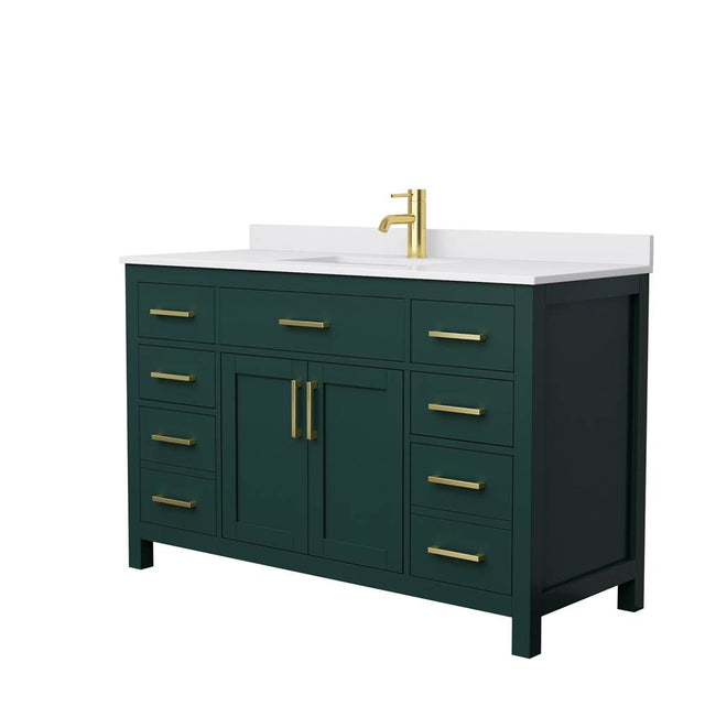 Wyndham Collection - Beckett 54 Inch Single Bathroom Vanity in Green, White Cultured Marble Countertop, Undermount Square Sink, Brushed Gold Trim