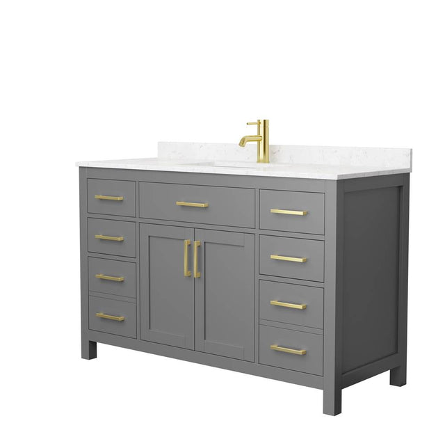 Wyndham Collection - Beckett 54 Inch Single Bathroom Vanity in Dark Gray, Carrara Cultured Marble Countertop, Undermount Square Sink, Brushed Gold Trim