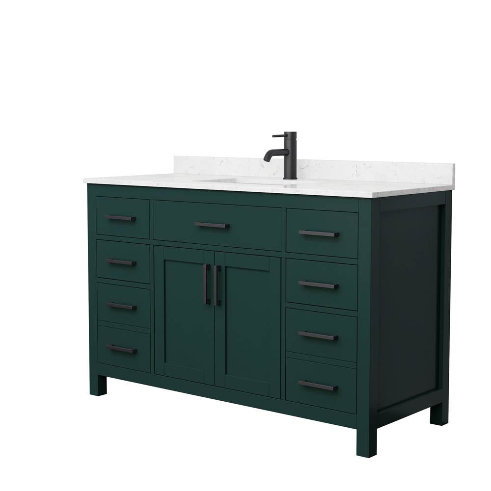 Wyndham Collection - Beckett 54 Inch Single Bathroom Vanity in Green, Carrara Cultured Marble Countertop, Undermount Square Sink, Matte Black Trim