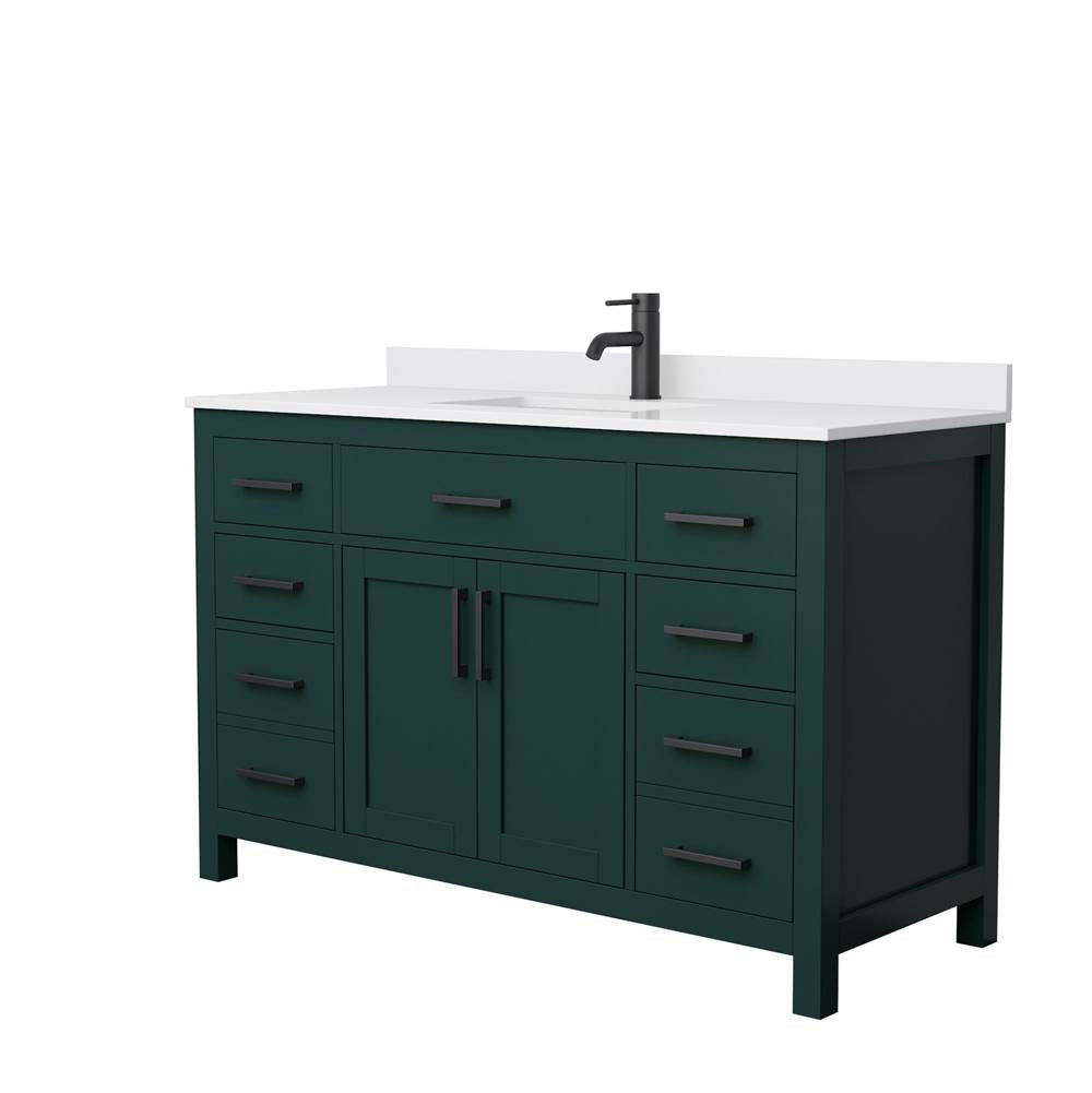Wyndham Collection - Beckett 54 Inch Single Bathroom Vanity in Green, White Cultured Marble Countertop, Undermount Square Sink, Matte Black Trim