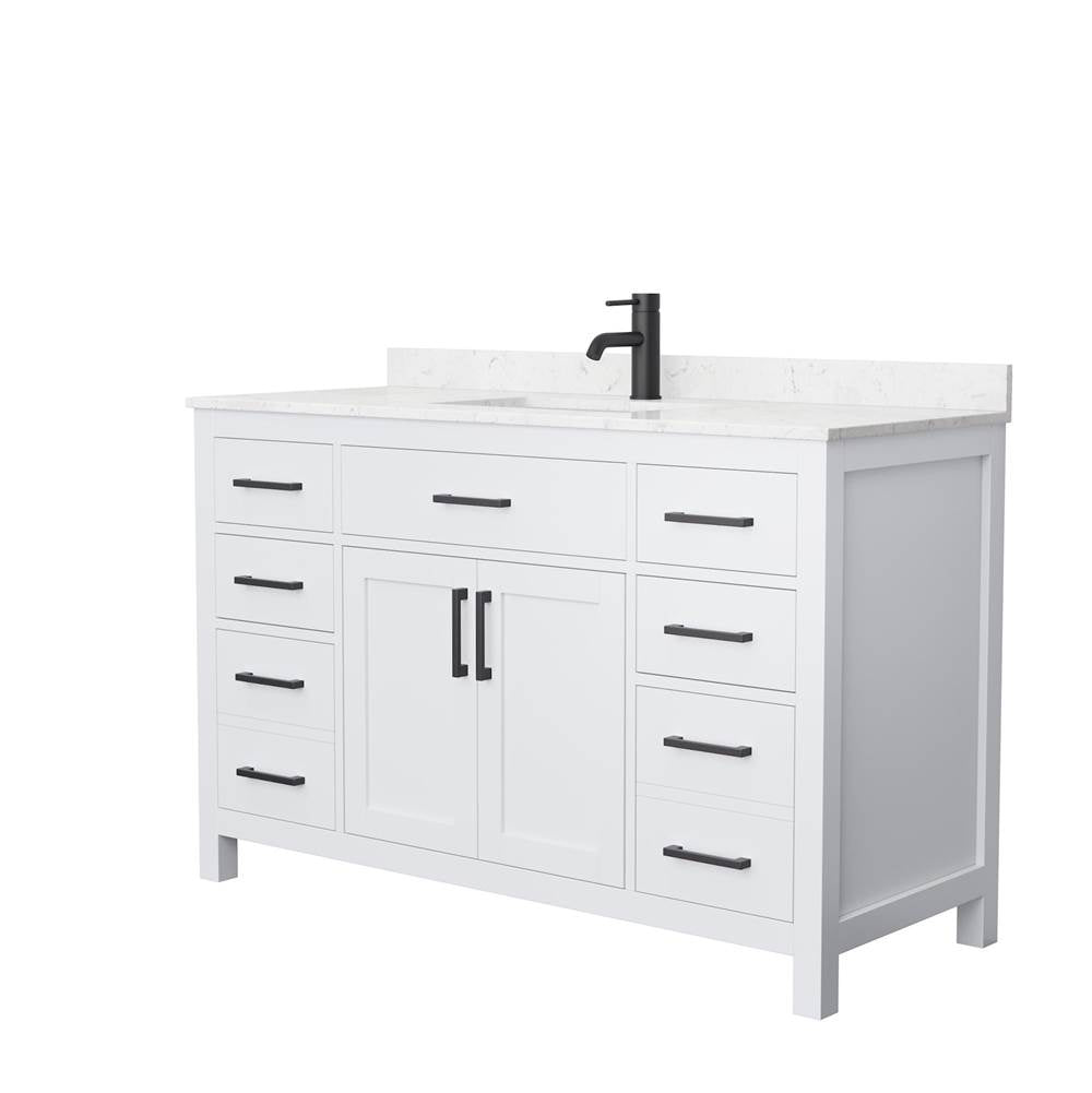 Wyndham Collection - Beckett 54 Inch Single Bathroom Vanity in White, Carrara Cultured Marble Countertop, Undermount Square Sink, Matte Black Trim
