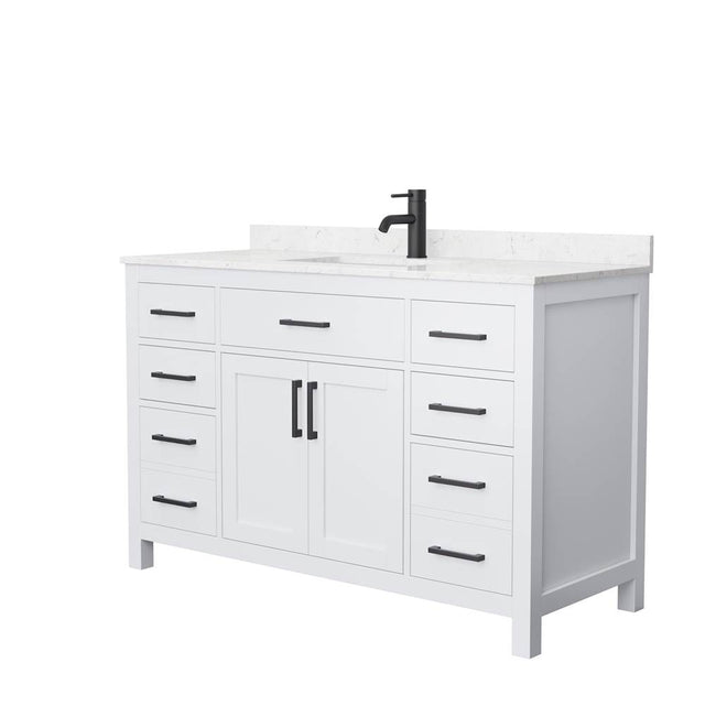 Wyndham Collection - Beckett 54 Inch Single Bathroom Vanity in White, Carrara Cultured Marble Countertop, Undermount Square Sink, Matte Black Trim