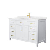 Wyndham Collection - Beckett 54 Inch Single Bathroom Vanity in White, Carrara Cultured Marble Countertop, Undermount Square Sink, Brushed Gold Trim