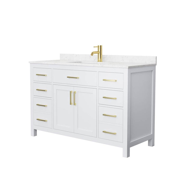 Wyndham Collection - Beckett 54 Inch Single Bathroom Vanity in White, Carrara Cultured Marble Countertop, Undermount Square Sink, Brushed Gold Trim