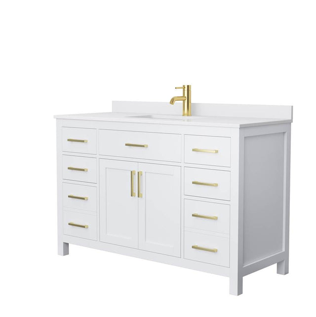 Wyndham Collection - Beckett 54 Inch Single Bathroom Vanity in White, White Cultured Marble Countertop, Undermount Square Sink, Brushed Gold Trim
