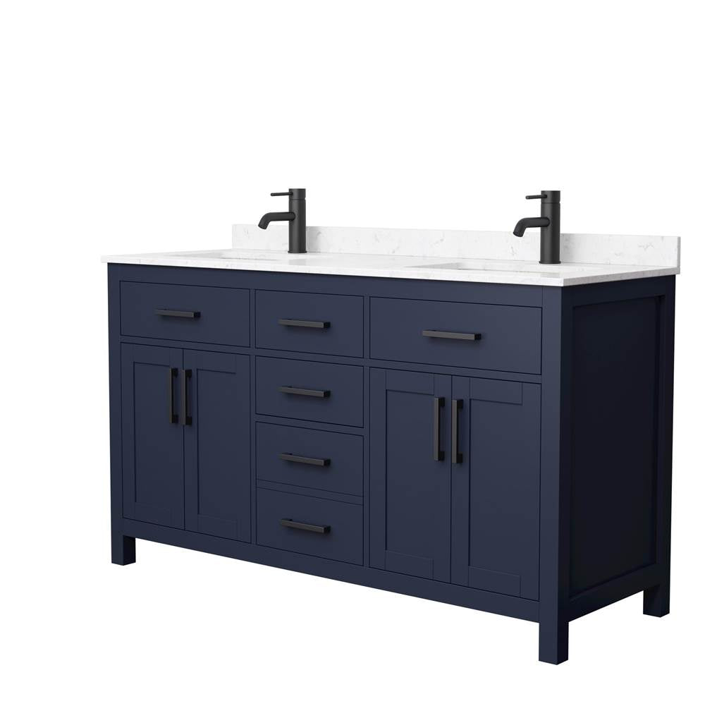 Wyndham Collection - Beckett 60 Inch Double Bathroom Vanity in Dark Blue, Carrara Cultured Marble Countertop, Undermount Square Sinks, Matte Black Trim
