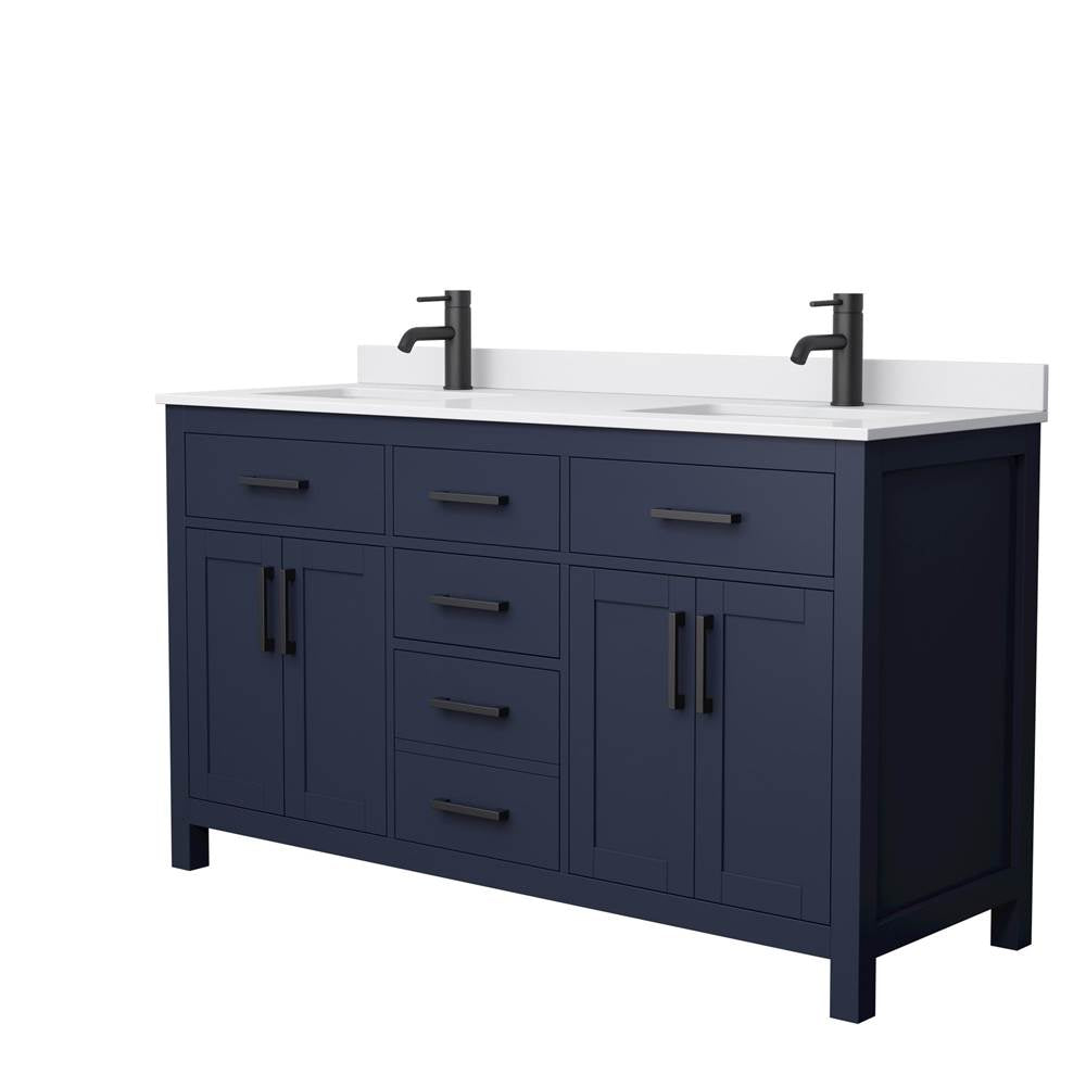 Wyndham Collection - Beckett 60 Inch Double Bathroom Vanity in Dark Blue, White Cultured Marble Countertop, Undermount Square Sinks, Matte Black Trim