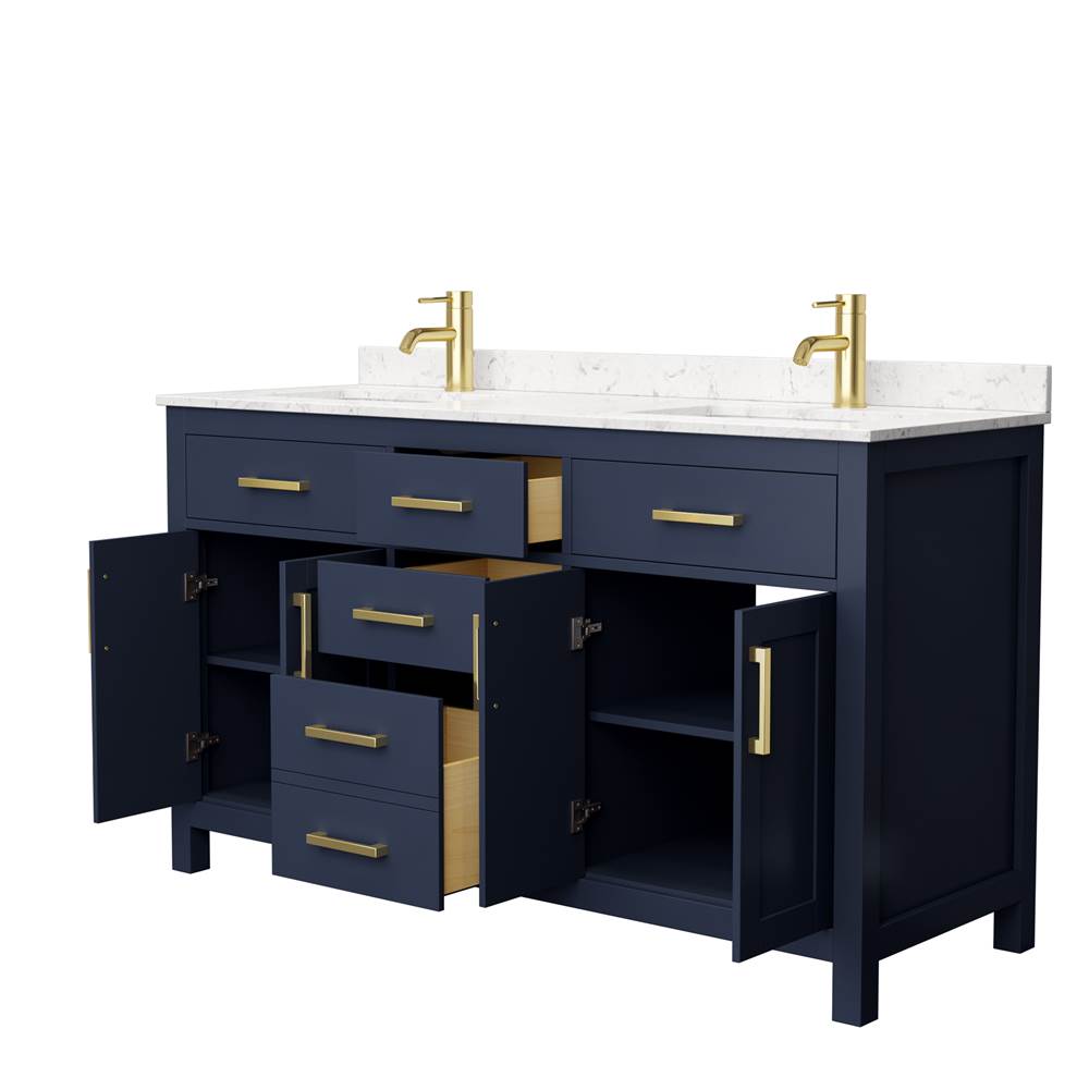Beckett 60 Inch Double Bathroom Vanity in Dark Blue, Carrara Cultured Marble Countertop, Undermount Square Sinks, No Mirror