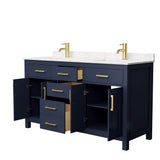 Beckett 60 Inch Double Bathroom Vanity in Dark Blue, Carrara Cultured Marble Countertop, Undermount Square Sinks, No Mirror
