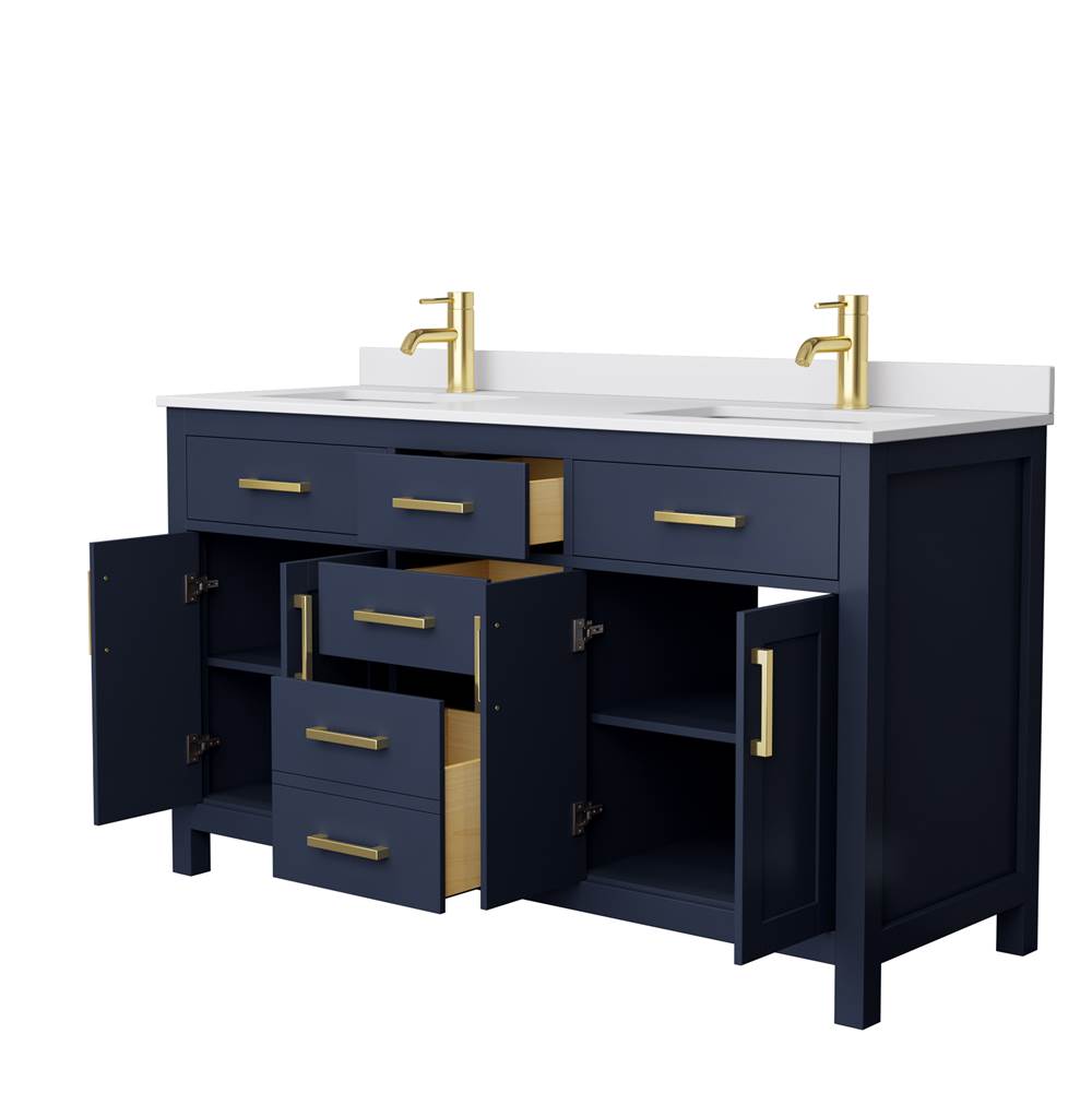 Beckett 60 Inch Double Bathroom Vanity in Dark Blue, White Cultured Marble Countertop, Undermount Square Sinks, No Mirror