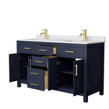 Beckett 60 Inch Double Bathroom Vanity in Dark Blue, White Cultured Marble Countertop, Undermount Square Sinks, No Mirror