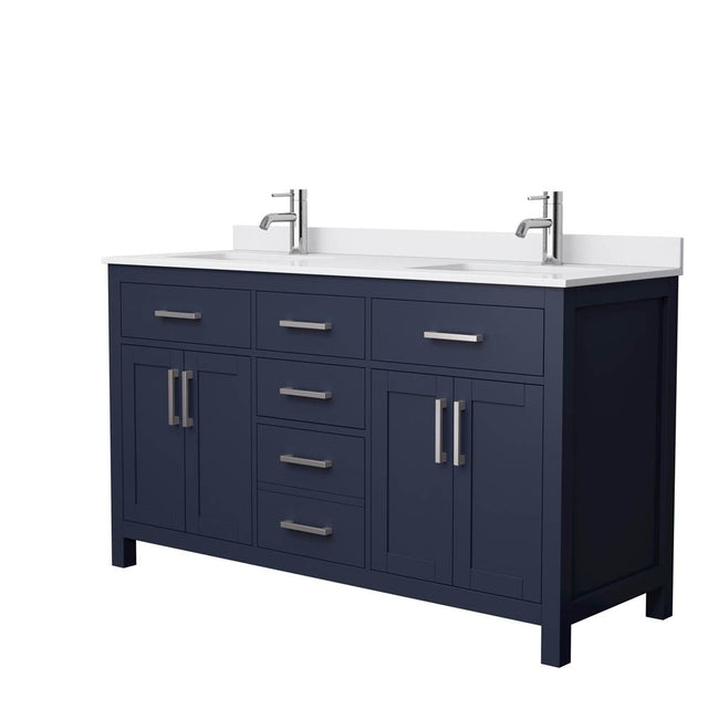 Wyndham Collection - Beckett 60 Inch Double Bathroom Vanity in Dark Blue, White Cultured Marble Countertop, Undermount Square Sinks, Brushed Nickel Trim