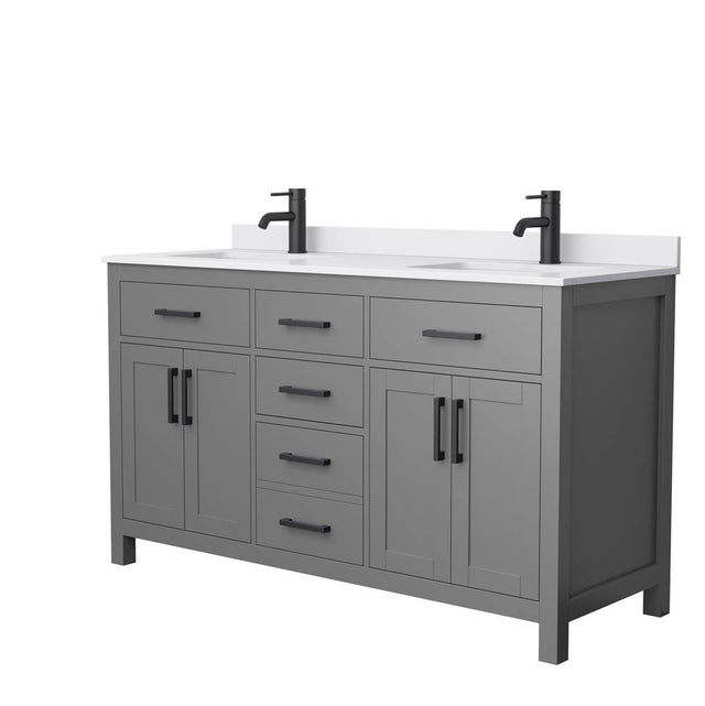 Wyndham Collection - Beckett 60 Inch Double Bathroom Vanity in Dark Gray, White Cultured Marble Countertop, Undermount Square Sinks, Matte Black Trim