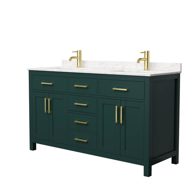 Wyndham Collection - Beckett 60 Inch Double Bathroom Vanity in Green, Carrara Cultured Marble Countertop, Undermount Square Sinks, Brushed Gold Trim