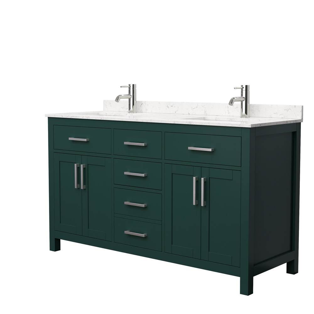 Wyndham Collection - Beckett 60 Inch Double Bathroom Vanity in Green, Carrara Cultured Marble Countertop, Undermount Square Sinks, Brushed Nickel Trim