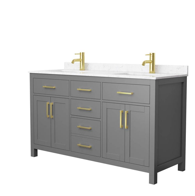 Wyndham Collection - Beckett 60 Inch Double Bathroom Vanity in Dark Gray, Carrara Cultured Marble Countertop, Undermount Square Sinks, Brushed Gold Trim