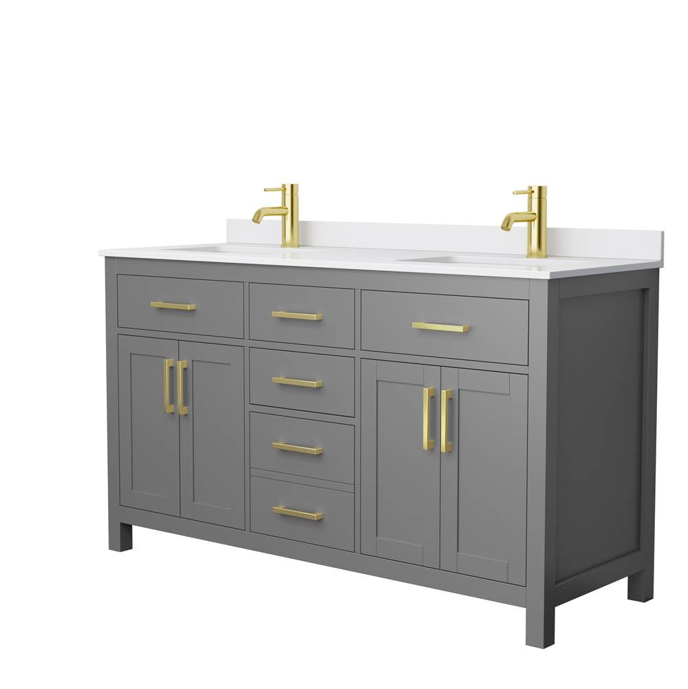 Wyndham Collection - Beckett 60 Inch Double Bathroom Vanity in Dark Gray, White Cultured Marble Countertop, Undermount Square Sinks, Brushed Gold Trim