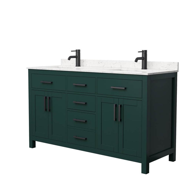 Wyndham Collection - Beckett 60 Inch Double Bathroom Vanity in Green, Carrara Cultured Marble Countertop, Undermount Square Sinks, Matte Black Trim