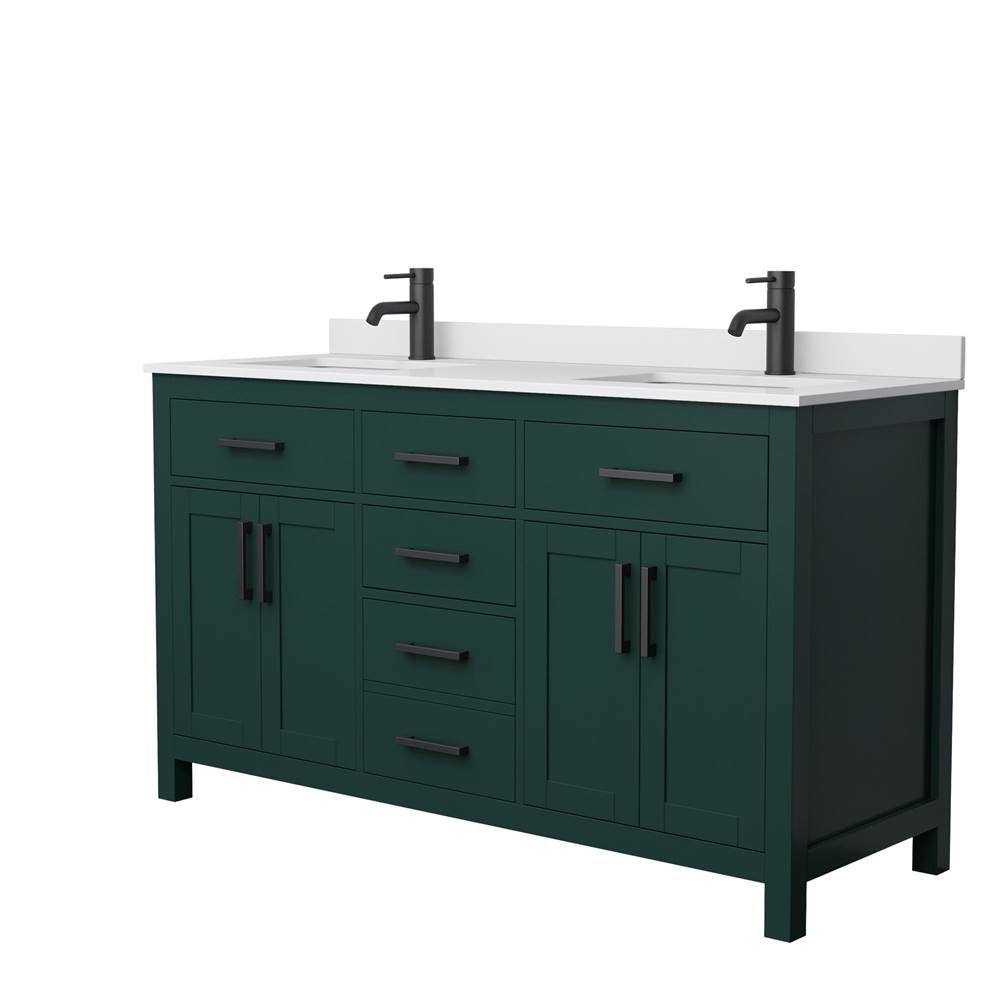 Wyndham Collection - Beckett 60 Inch Double Bathroom Vanity in Green, White Cultured Marble Countertop, Undermount Square Sinks, Matte Black Trim