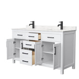 Beckett 60 Inch Double Bathroom Vanity in White, Carrara Cultured Marble Countertop, Undermount Square Sinks, Matte Black Trim