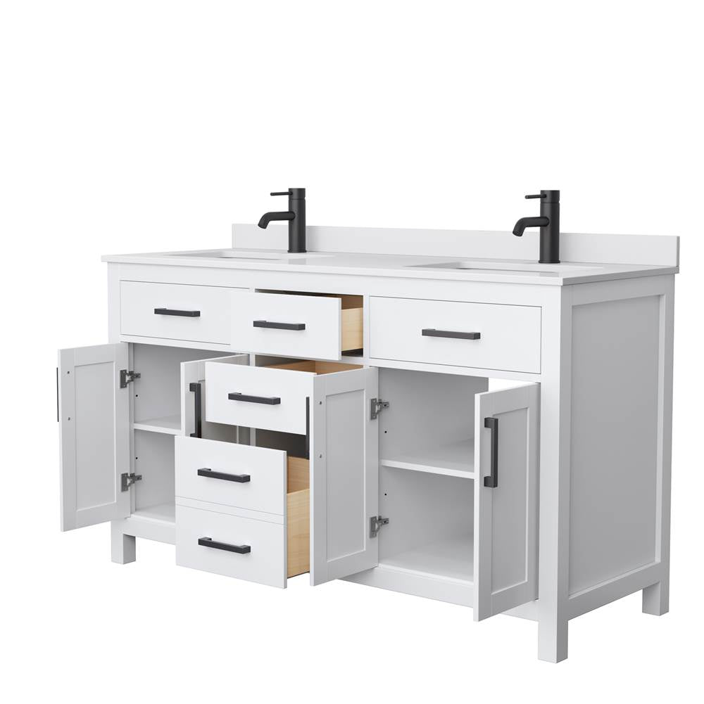 Beckett 60 Inch Double Bathroom Vanity in White, White Cultured Marble Countertop, Undermount Square Sinks, Matte Black Trim