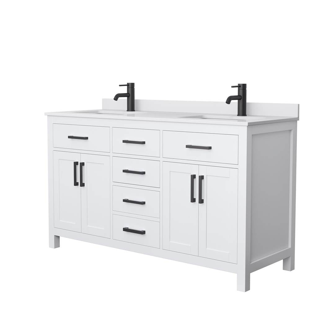 Wyndham Collection - Beckett 60 Inch Double Bathroom Vanity in White, White Cultured Marble Countertop, Undermount Square Sinks, Matte Black Trim