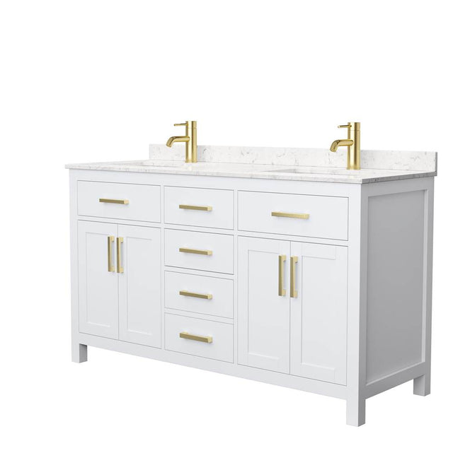 Wyndham Collection - Beckett 60 Inch Double Bathroom Vanity in White, Carrara Cultured Marble Countertop, Undermount Square Sinks, Brushed Gold Trim