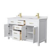 Beckett 60 Inch Double Bathroom Vanity in White, White Cultured Marble Countertop, Undermount Square Sinks, Brushed Gold Trim