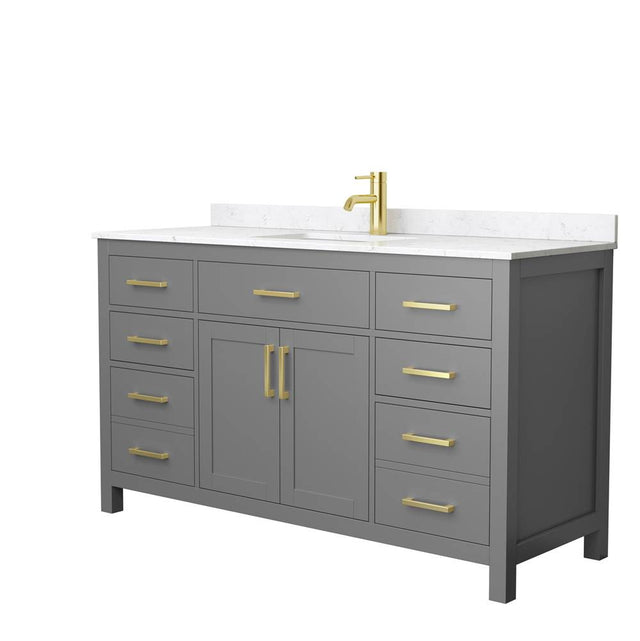 Wyndham Collection - Beckett 60 Inch Single Bathroom Vanity in Dark Gray, Carrara Cultured Marble Countertop, Undermount Square Sink, Brushed Gold Trim