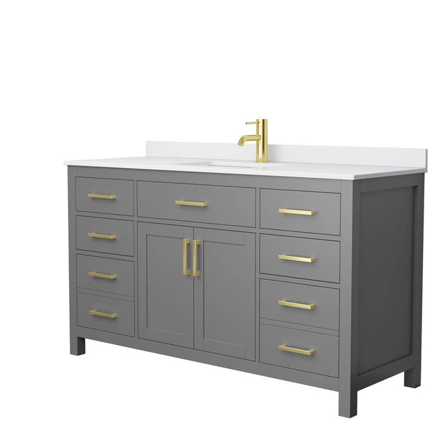 Wyndham Collection - Beckett 60 Inch Single Bathroom Vanity in Dark Gray, White Cultured Marble Countertop, Undermount Square Sink, Brushed Gold Trim