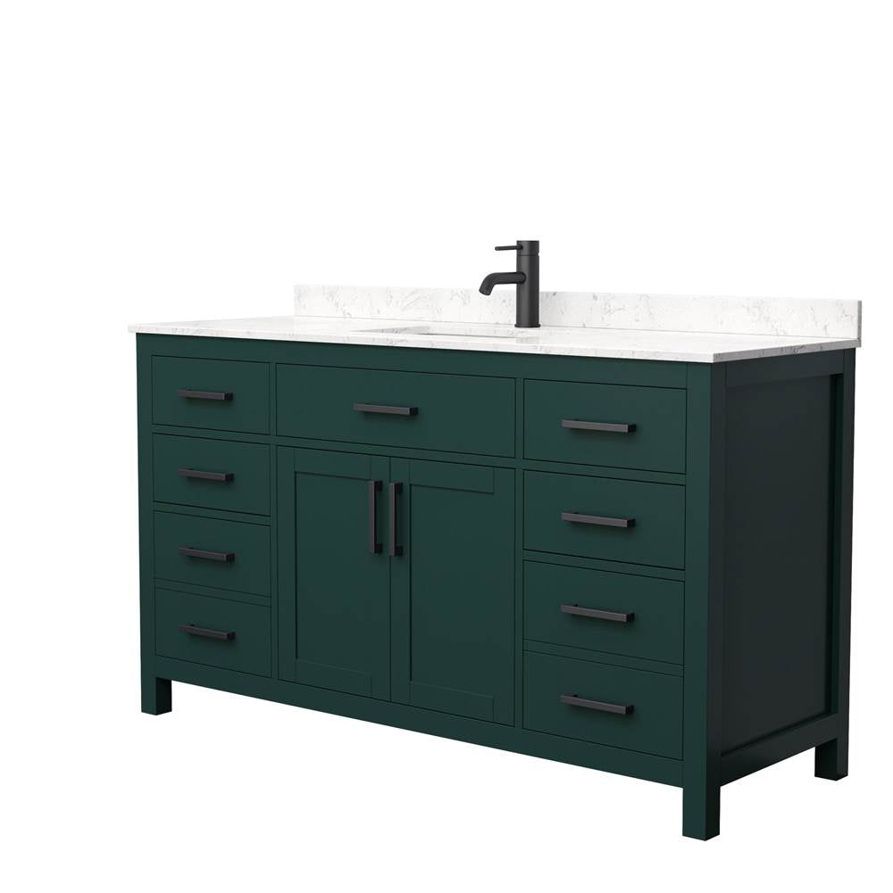 Wyndham Collection - Beckett 60 Inch Single Bathroom Vanity in Green, Carrara Cultured Marble Countertop, Undermount Square Sink, Matte Black Trim