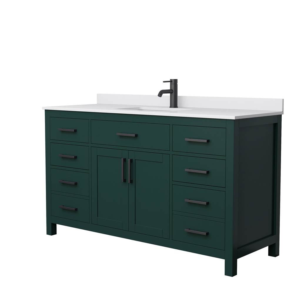 Wyndham Collection - Beckett 60 Inch Single Bathroom Vanity in Green, White Cultured Marble Countertop, Undermount Square Sink, Matte Black Trim