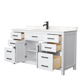 Beckett 60 Inch Single Bathroom Vanity in White, Carrara Cultured Marble Countertop, Undermount Square Sink, Matte Black Trim